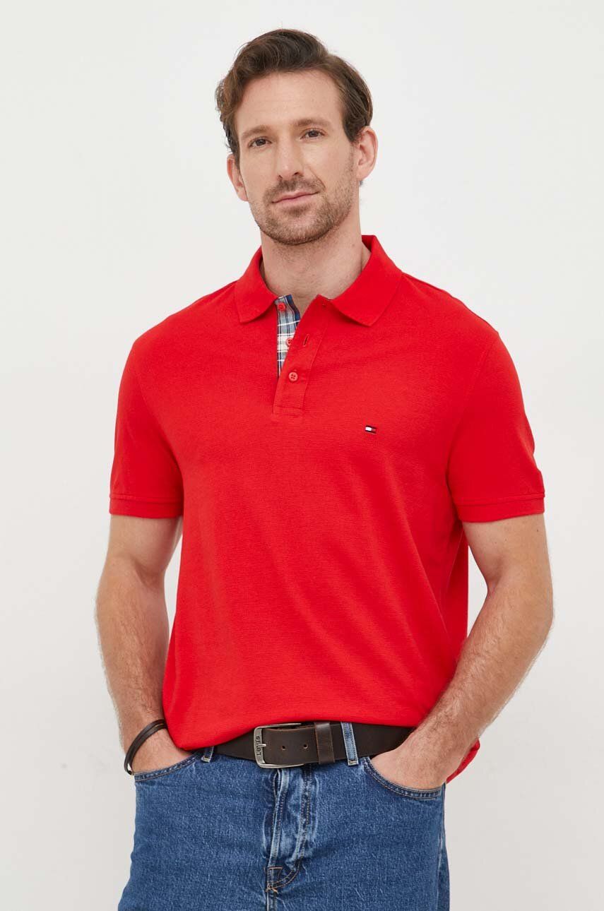 Levně Bavlněné polo tričko Tommy Hilfiger červená barva
