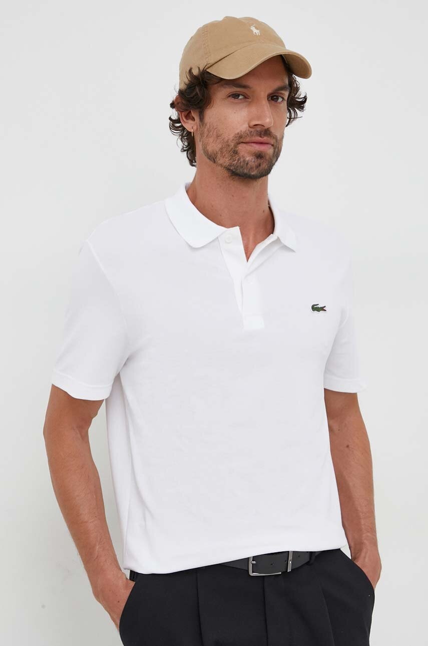 Lacoste tricou polo barbati, culoarea alb, neted