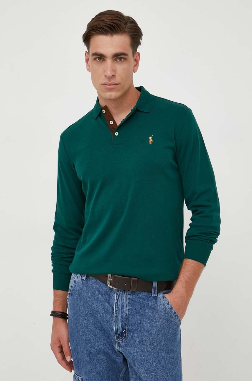 

Бавовняний лонгслів Polo Ralph Lauren колір зелений однотонний