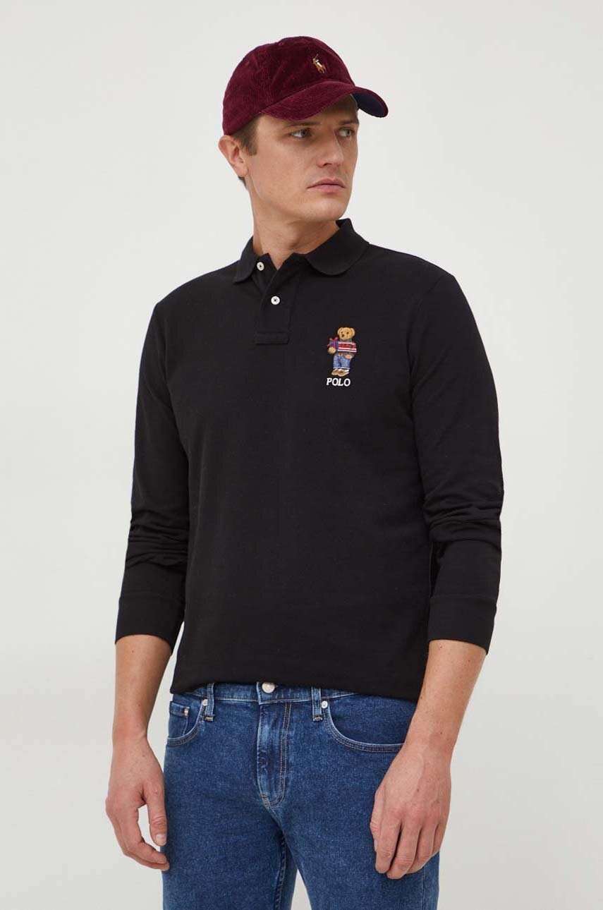 

Памучна блуза с дълги ръкави Polo Ralph Lauren в черно с апликация, Черен