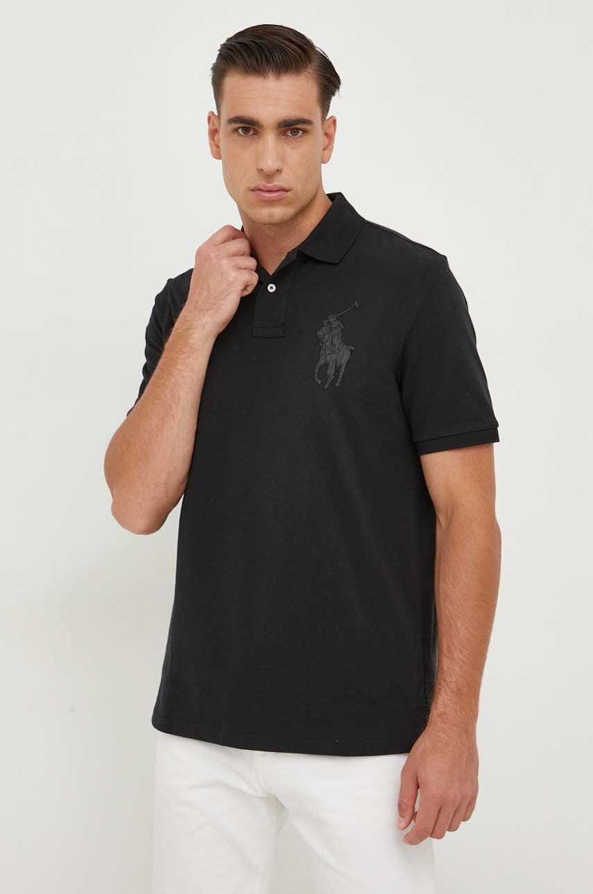 Bavlněné polo tričko Polo Ralph Lauren černá barva, s aplikací - černá - Hlavní materiál: 100 % Bavl