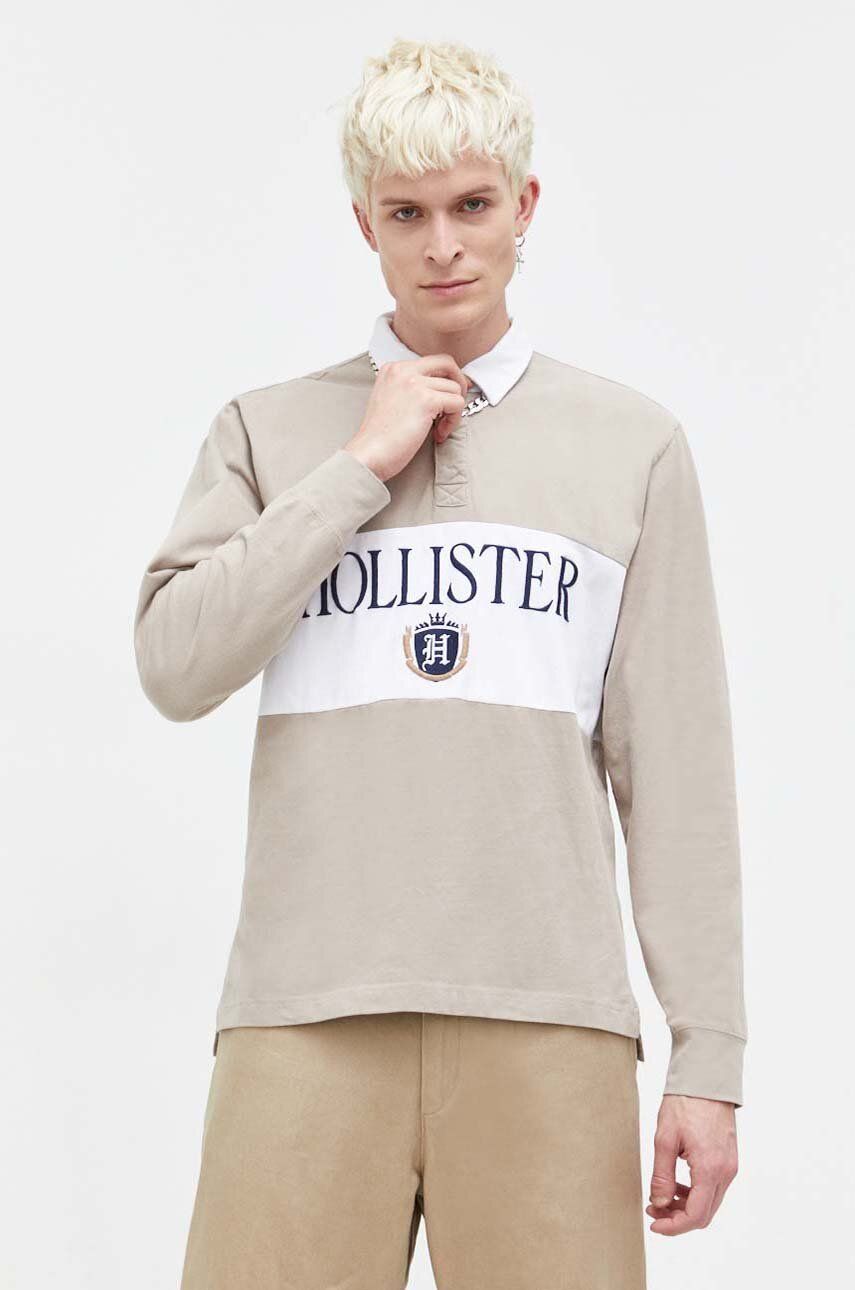 Bavlněné tričko s dlouhým rukávem Hollister Co. hnědá barva, s aplikací - hnědá - 100 % Bavlna