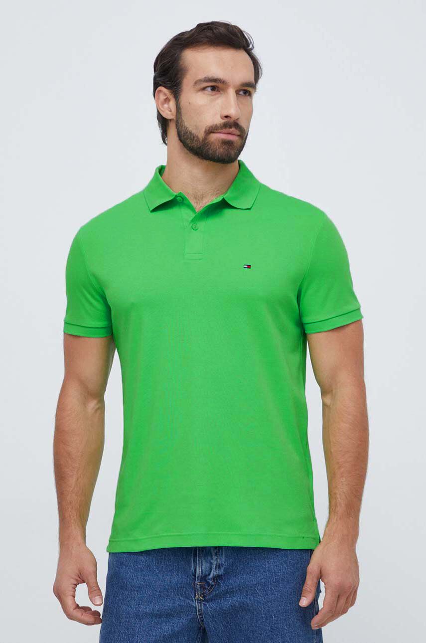 Levně Bavlněné polo tričko Tommy Hilfiger zelená barva