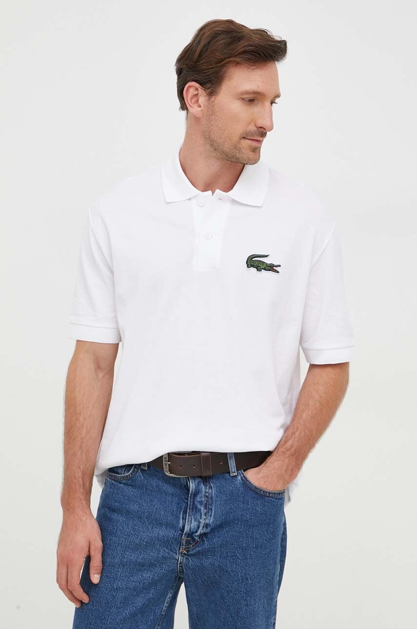 Lacoste polo de bumbac culoarea alb, cu imprimeu