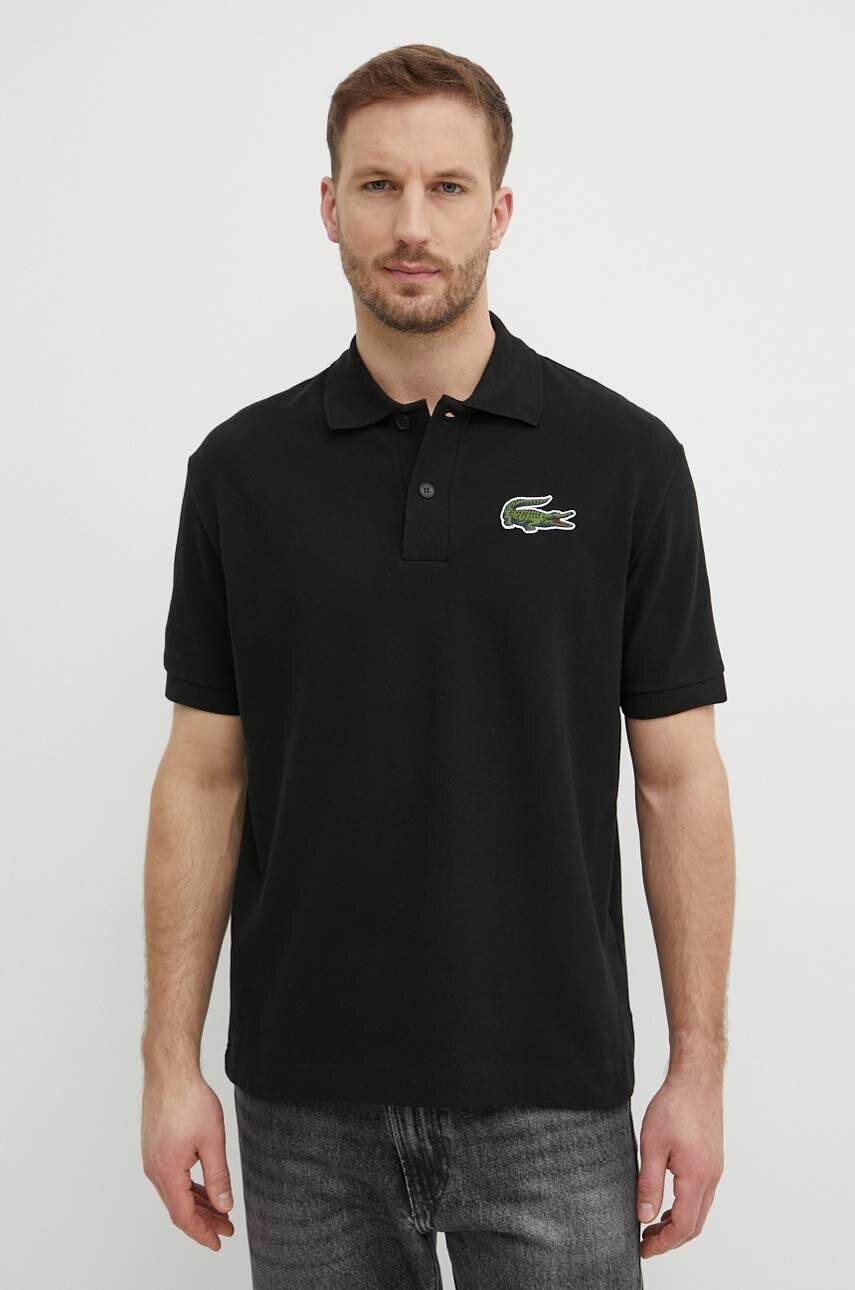 

Памучна тениска с яка Lacoste в черно с апликация, Черен