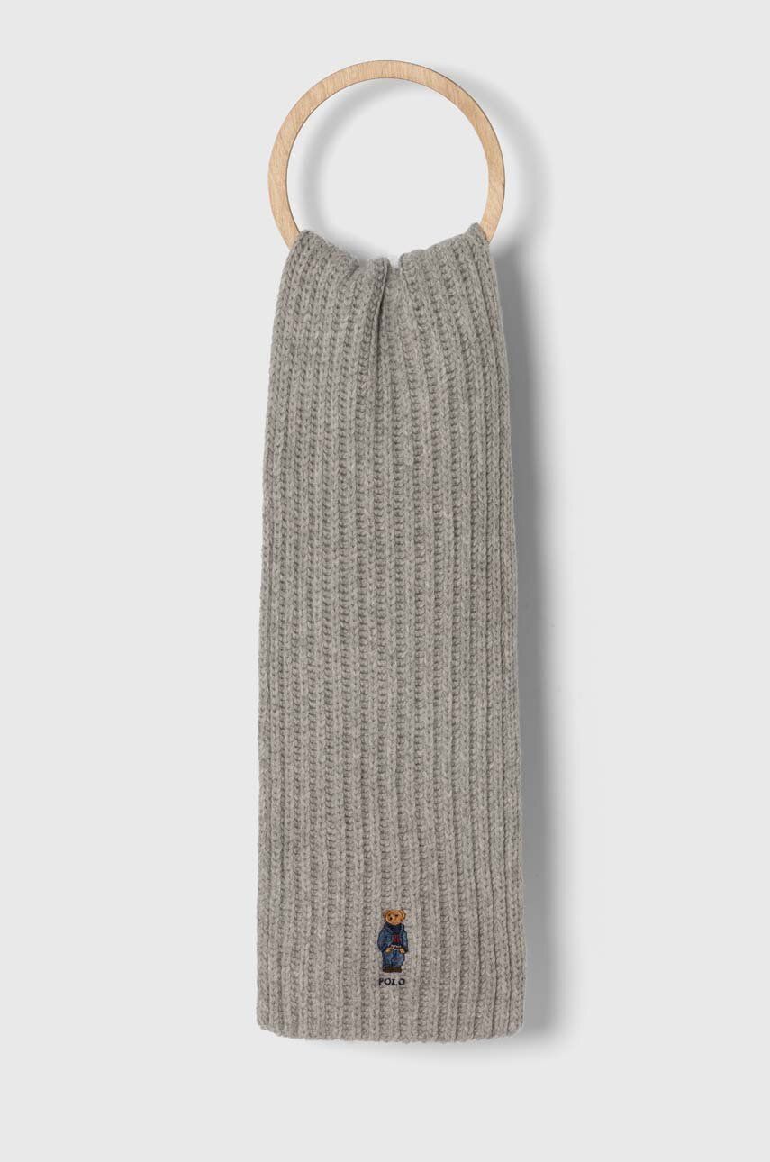 Levně Vlněná šála Polo Ralph Lauren šedá barva, s aplikací