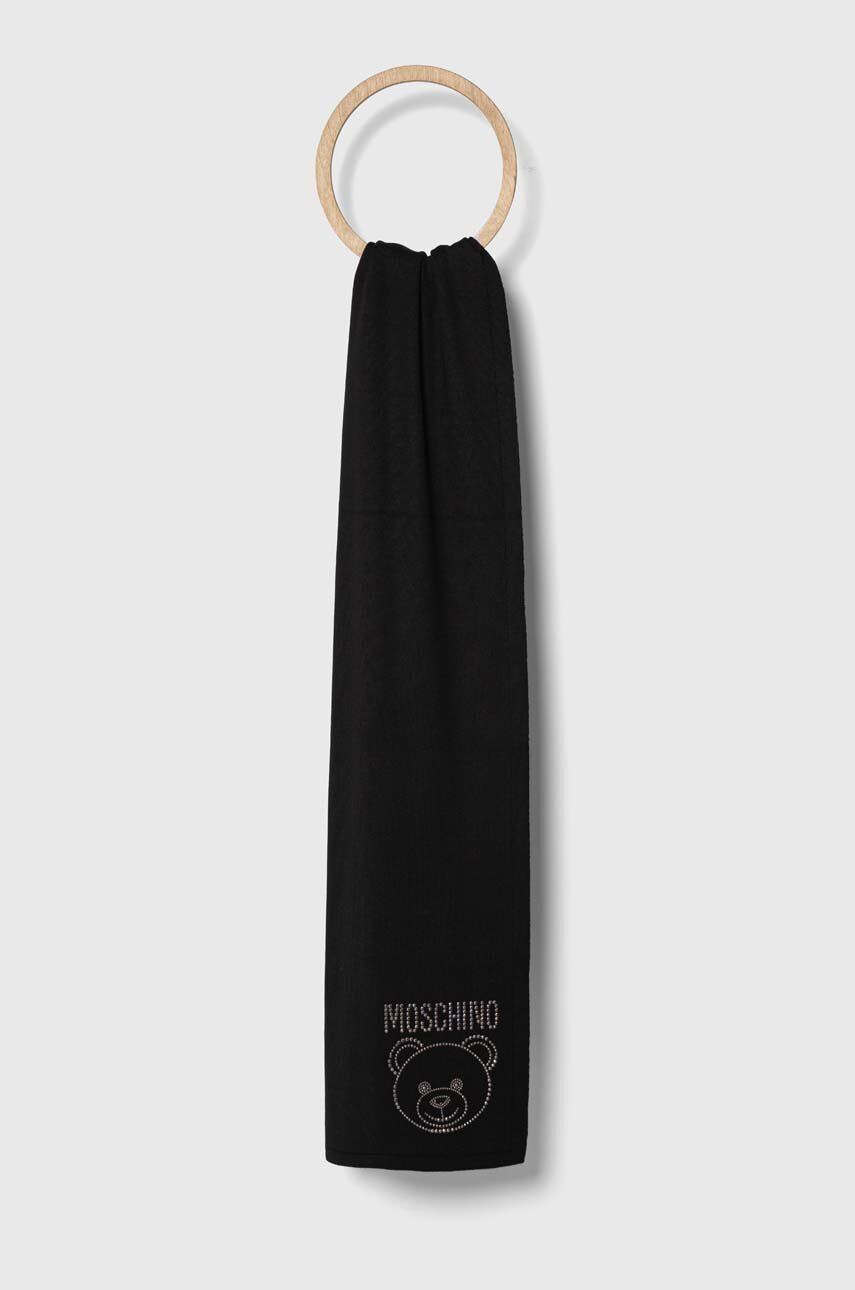 Levně Vlněná šála Moschino černá barva, s aplikací