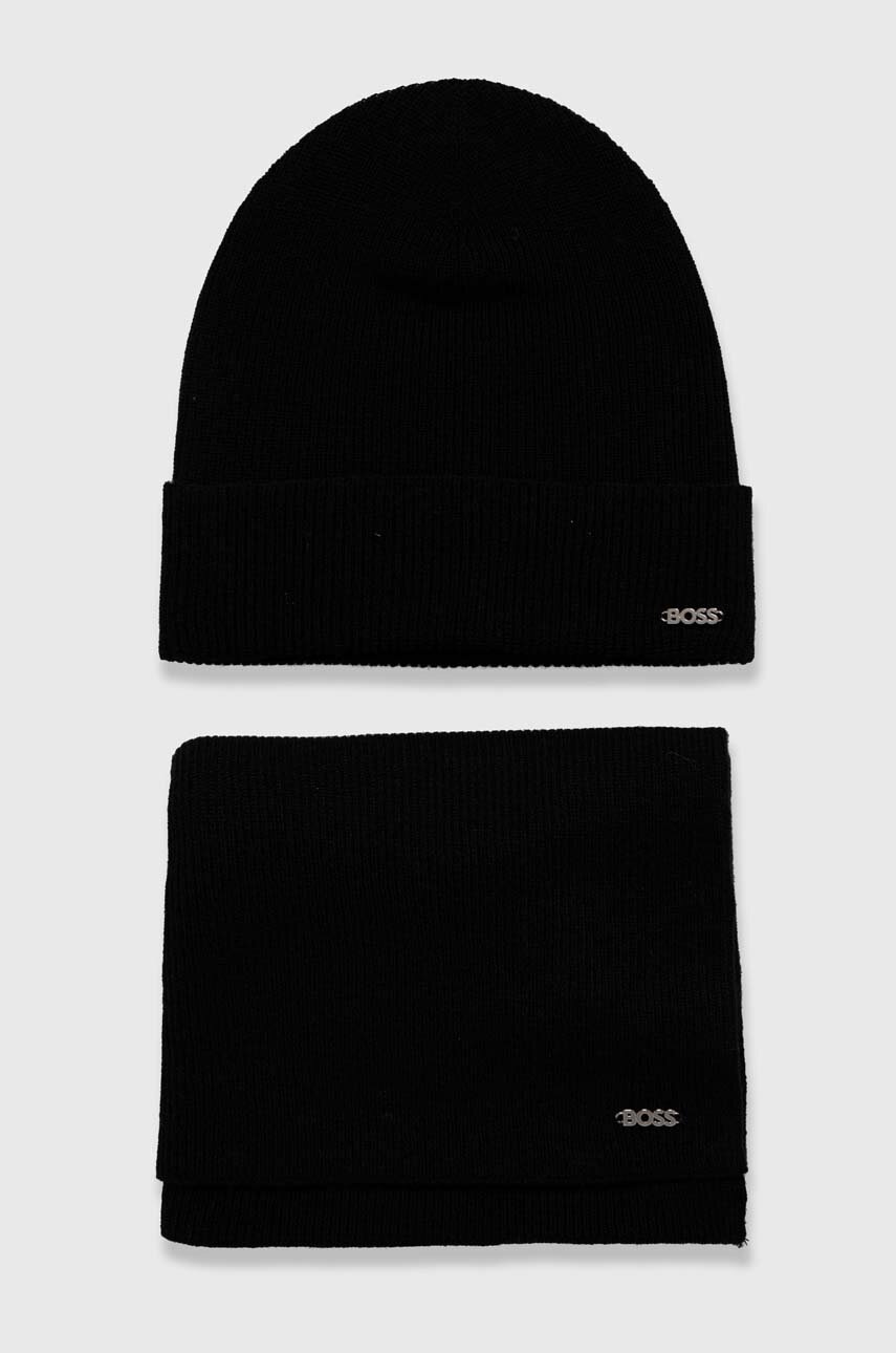 BOSS caciula si fular din lana culoarea negru