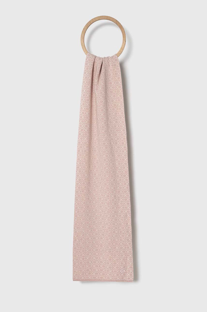 Šátek z vlněné směsi Calvin Klein béžová barva, vzorovaný - růžová -  37 % Polyamid