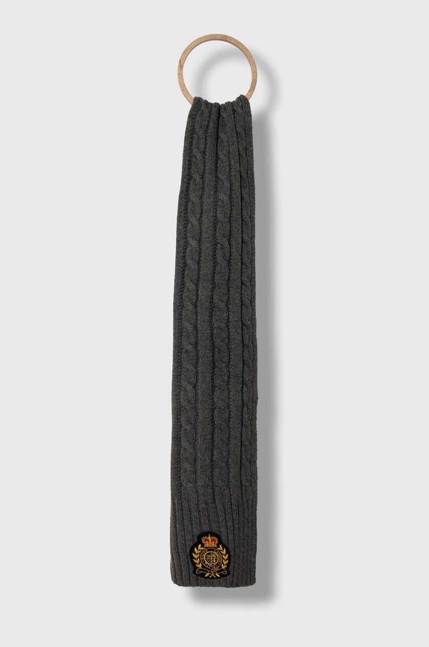 Šátek z vlněné směsi Lauren Ralph Lauren šedá barva, s aplikací - šedá - 55 % Recyklovaný polyester