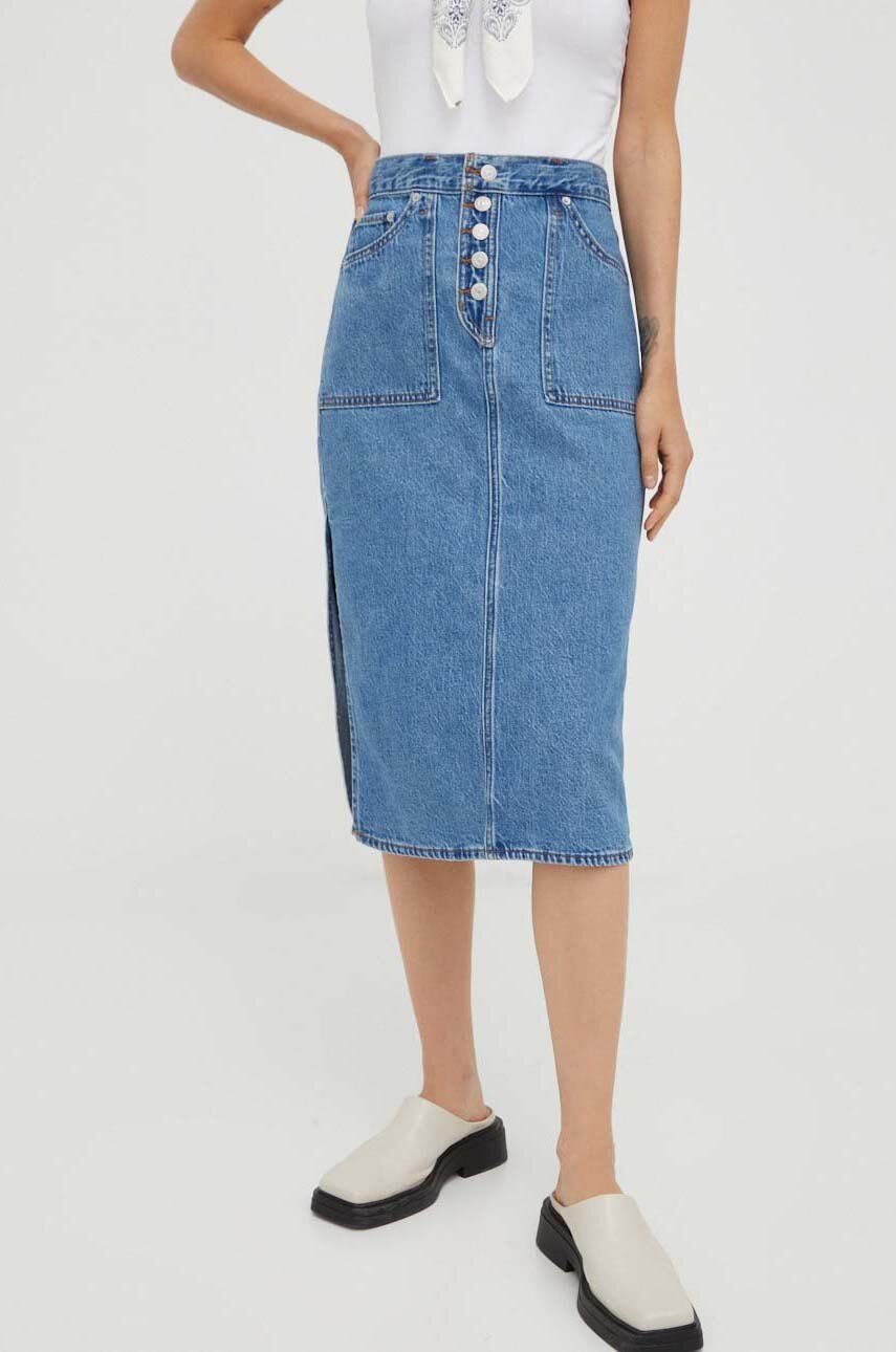 Levi's Fusta Cu Doua Fete Culoarea Albastru Marin, Midi, Drept