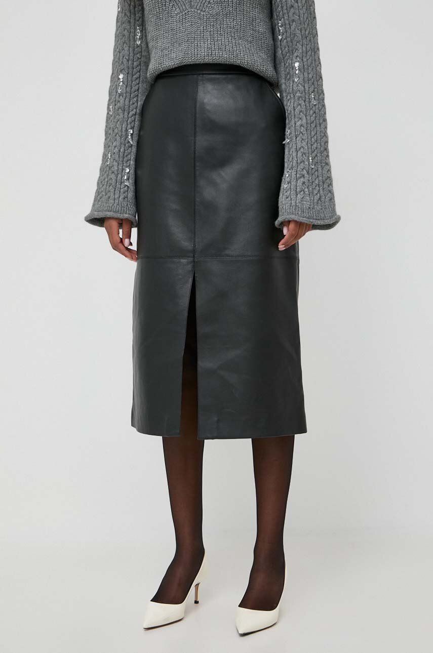 Kožená sukňa Luisa Spagnoli čierna farba, midi, rovný strih