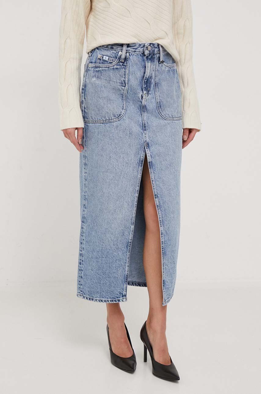 Džínová sukně Calvin Klein maxi - modrá - 100 % Bavlna