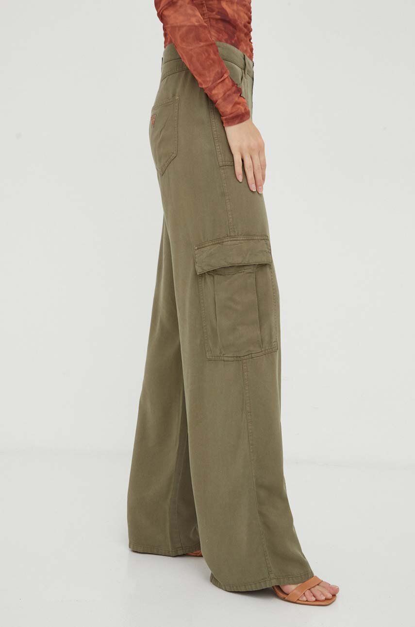 Levně Kalhoty Guess dámské, zelená barva, jednoduché, high waist