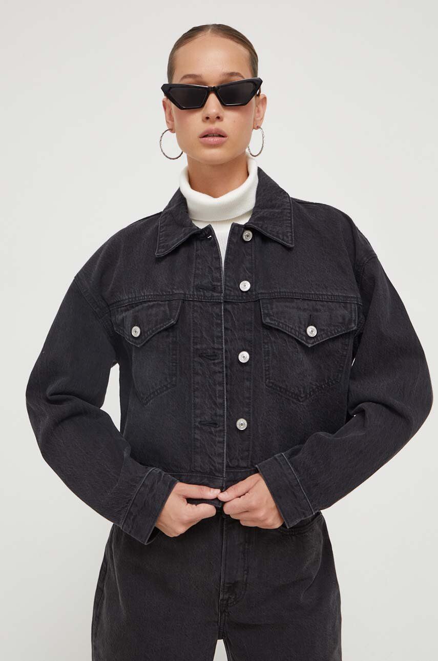 Levně Džínová bunda Abercrombie & Fitch dámská, černá barva, přechodná, oversize