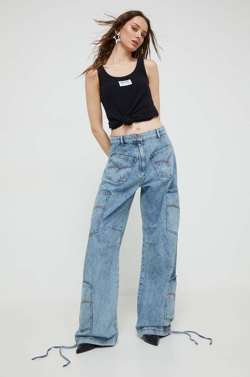 Džíny Moschino Jeans dámské, high waist - modrá - 100 % Bavlna