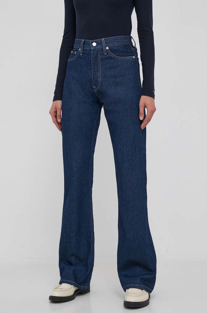 Džíny Calvin Klein Jeans AUTHENTIC BOOTCUT dámské, high waist - námořnická modř - 100 % Bavlna