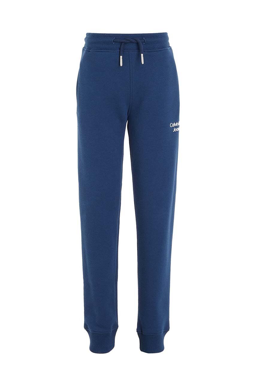 Dětské tepláky Calvin Klein Jeans tmavomodrá barva, hladké - námořnická modř -  86 % Bavlna