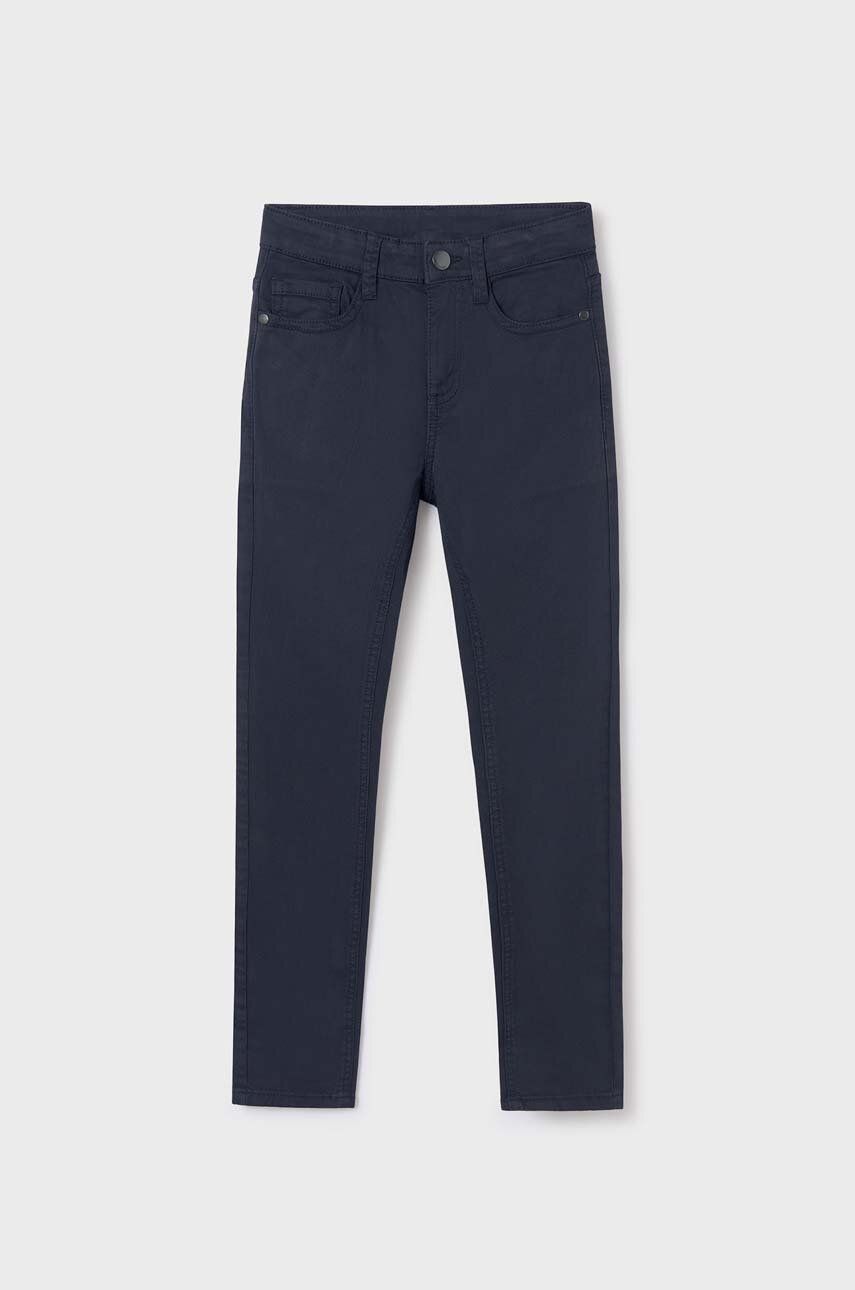Dětské kalhoty Mayoral slim fit tmavomodrá barva, hladké - námořnická modř -  98 % Bavlna