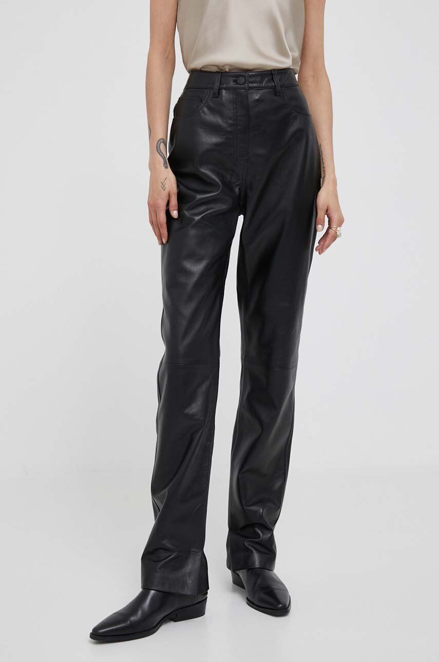 Levně Kožené kalhoty Calvin Klein dámské, černá barva, jednoduché, high waist