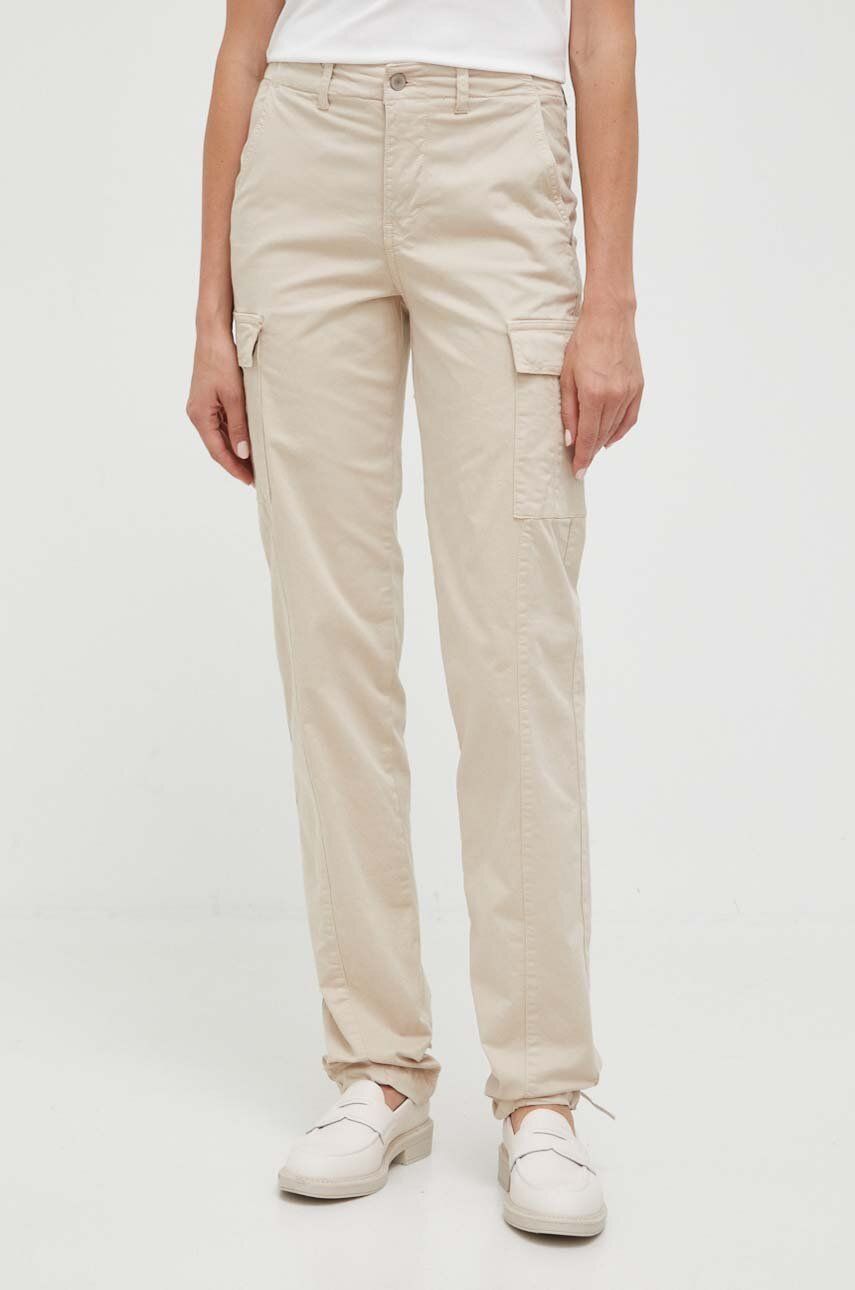 E-shop Kalhoty Guess dámské, béžová barva, jednoduché, high waist
