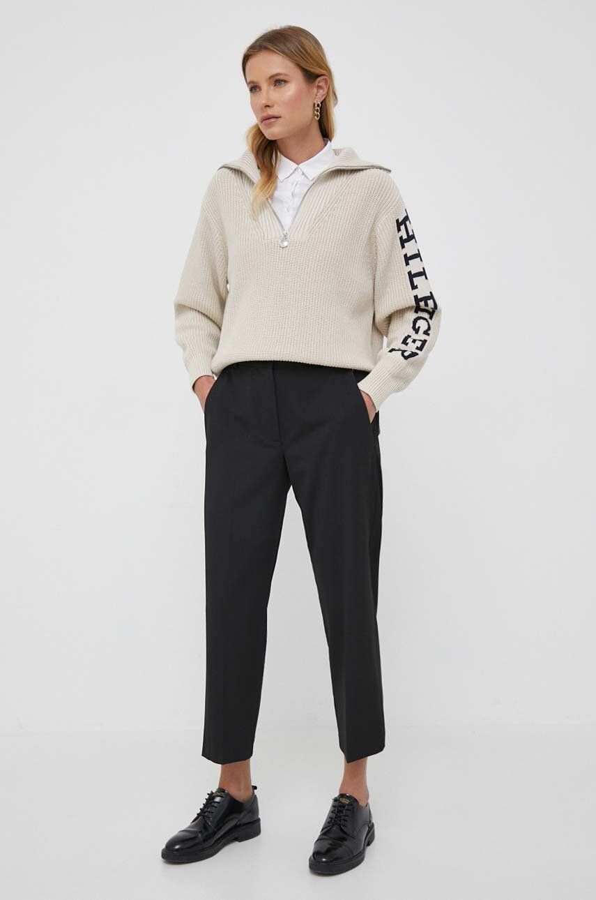 Kalhoty Tommy Hilfiger dámské, černá barva, jednoduché, high waist - černá -  48 % Polyester
