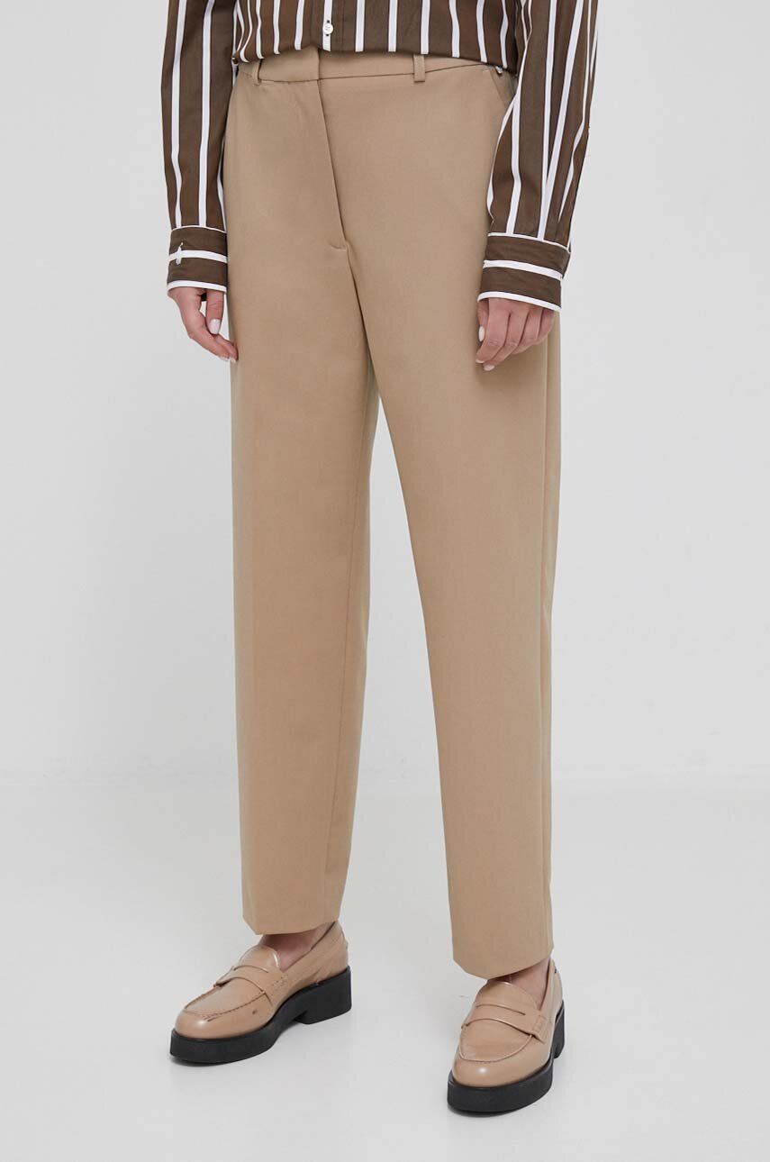 Kalhoty s příměsí vlny Tommy Hilfiger béžová barva, střih chinos, high waist - béžová - Hlavní mater