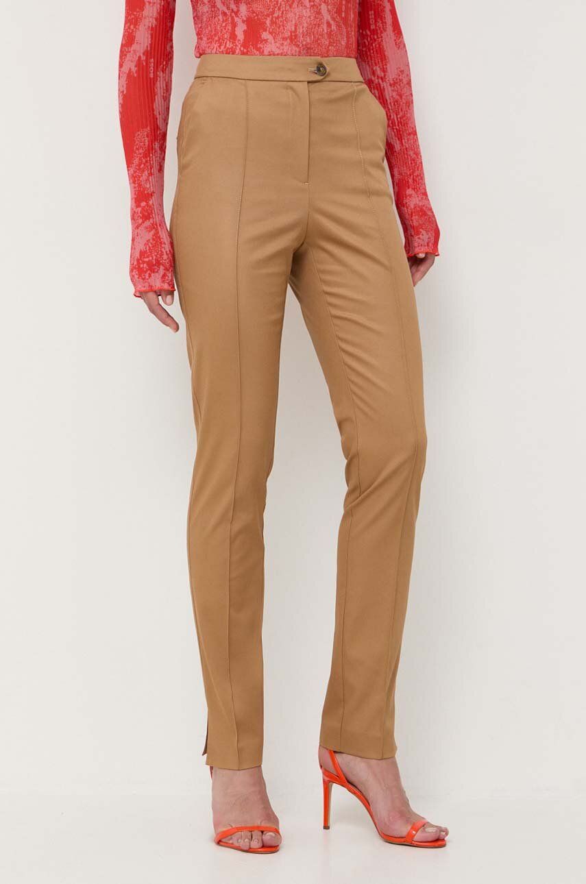 Kalhoty BOSS dámské, béžová barva, jednoduché, high waist