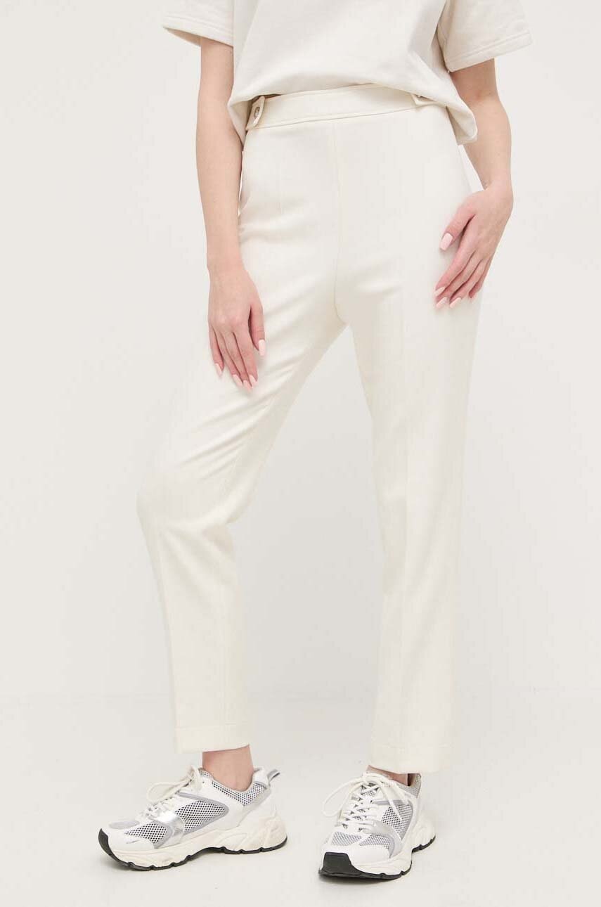 BOSS pantaloni femei, culoarea alb, fason tigareta, high waist