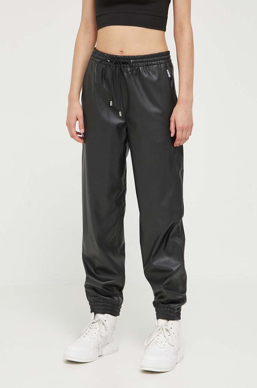 Kalhoty HUGO dámské, černá barva, high waist - černá -  Hlavní materiál: 100 % Recyklovaný poly