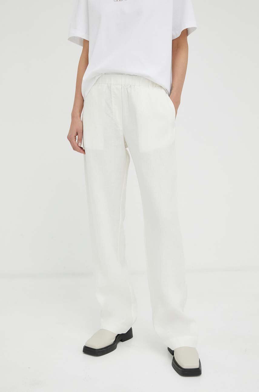 Plátěné kalhoty Samsoe Samsoe dámské, béžová barva, široké, high waist - béžová -  100 % Len