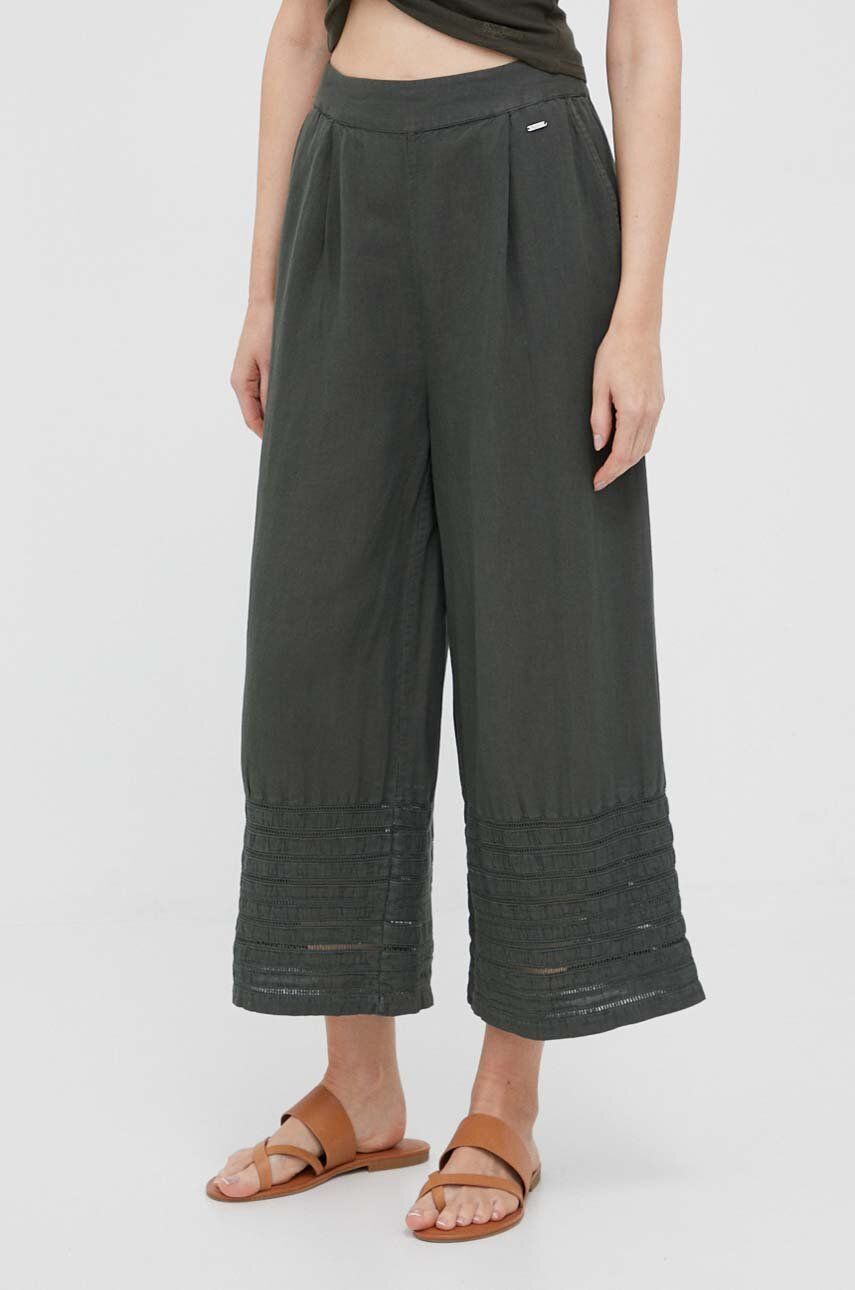 Plátěné kalhoty Pepe Jeans Feva zelená barva, široké, high waist - zelená -  55 % Len