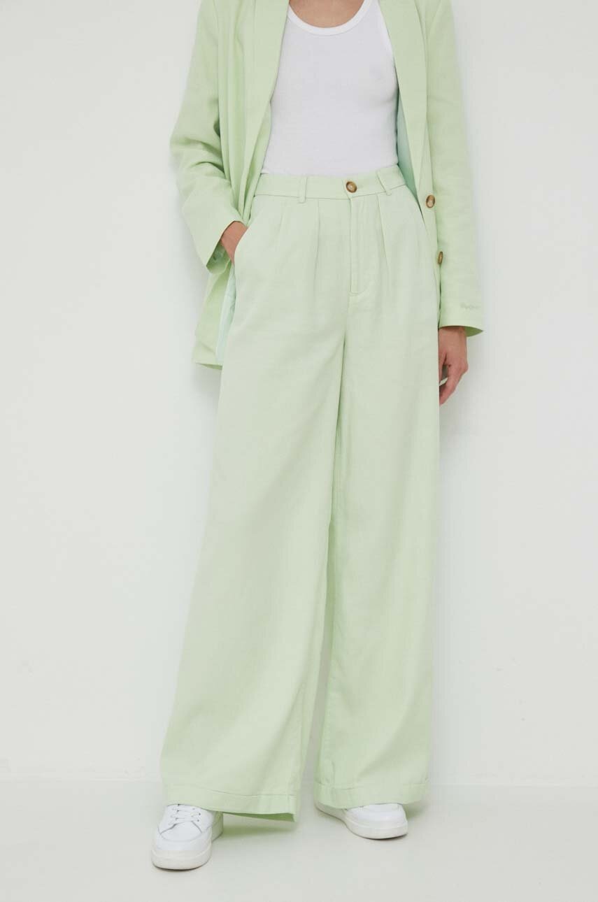 Pepe Jeans pantaloni din amestec de in Monna culoarea verde, drept, high waist