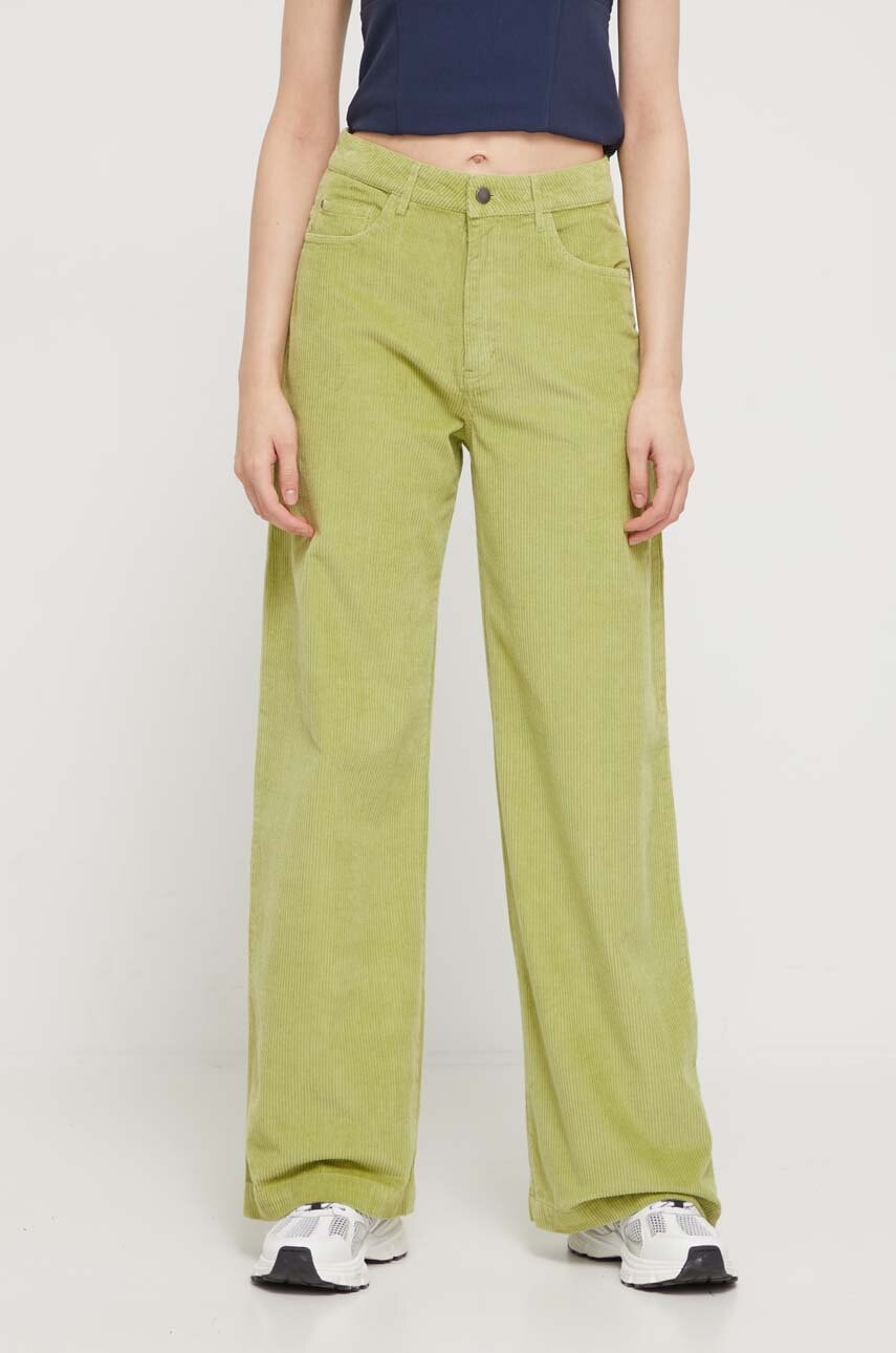 Roxy pantaloni de catifea cord culoarea verde, lat, high waist