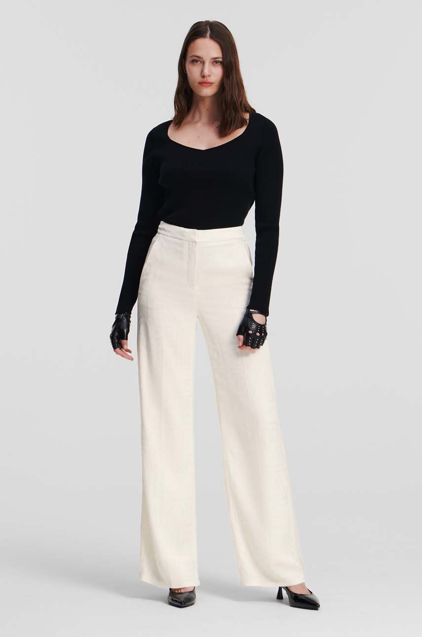 Levně Kalhoty Karl Lagerfeld dámské, béžová barva, široké, high waist