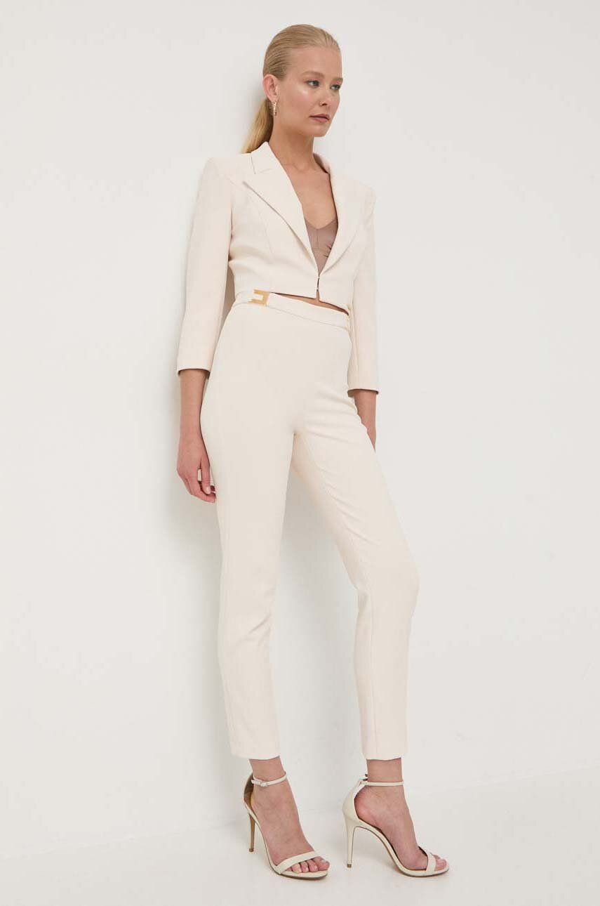 Kalhoty Elisabetta Franchi dámské, béžová barva, přiléhavé, high waist - béžová -  96 % Polyest