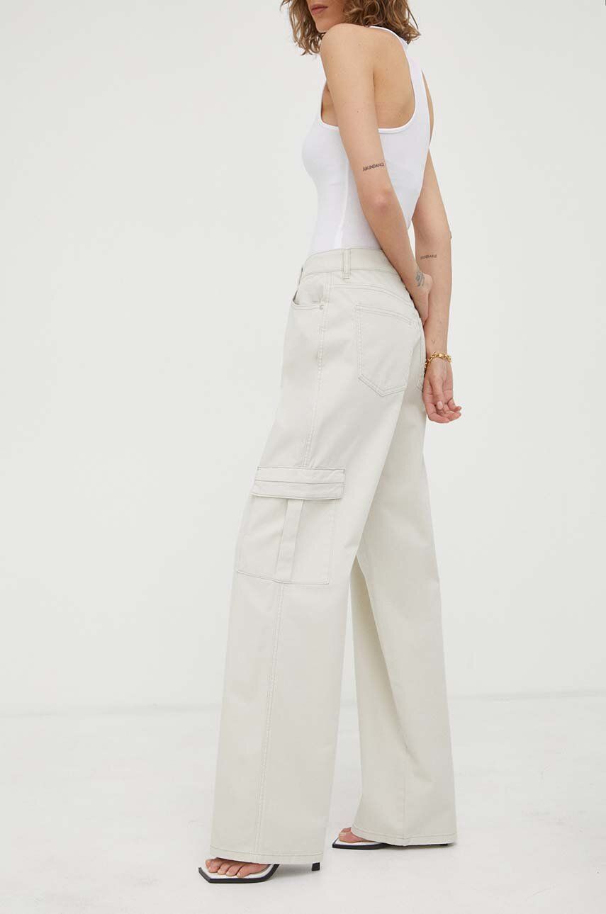 Gestuz pantaloni femei, culoarea bej, drept, high waist