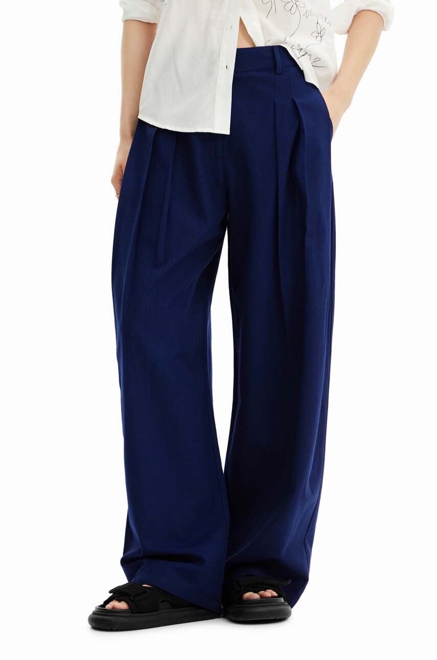 Desigual Pantaloni Din Amestec De In Culoarea Albastru Marin, Lat, Medium Waist