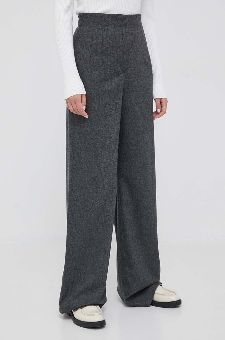 Vlněné kalhoty Emporio Armani šedá barva, široké, high waist - šedá - 90 % Virgin vlna