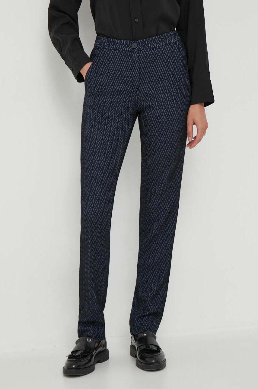 E-shop Kalhoty s příměsí vlny Emporio Armani tmavomodrá barva, přiléhavé, high waist