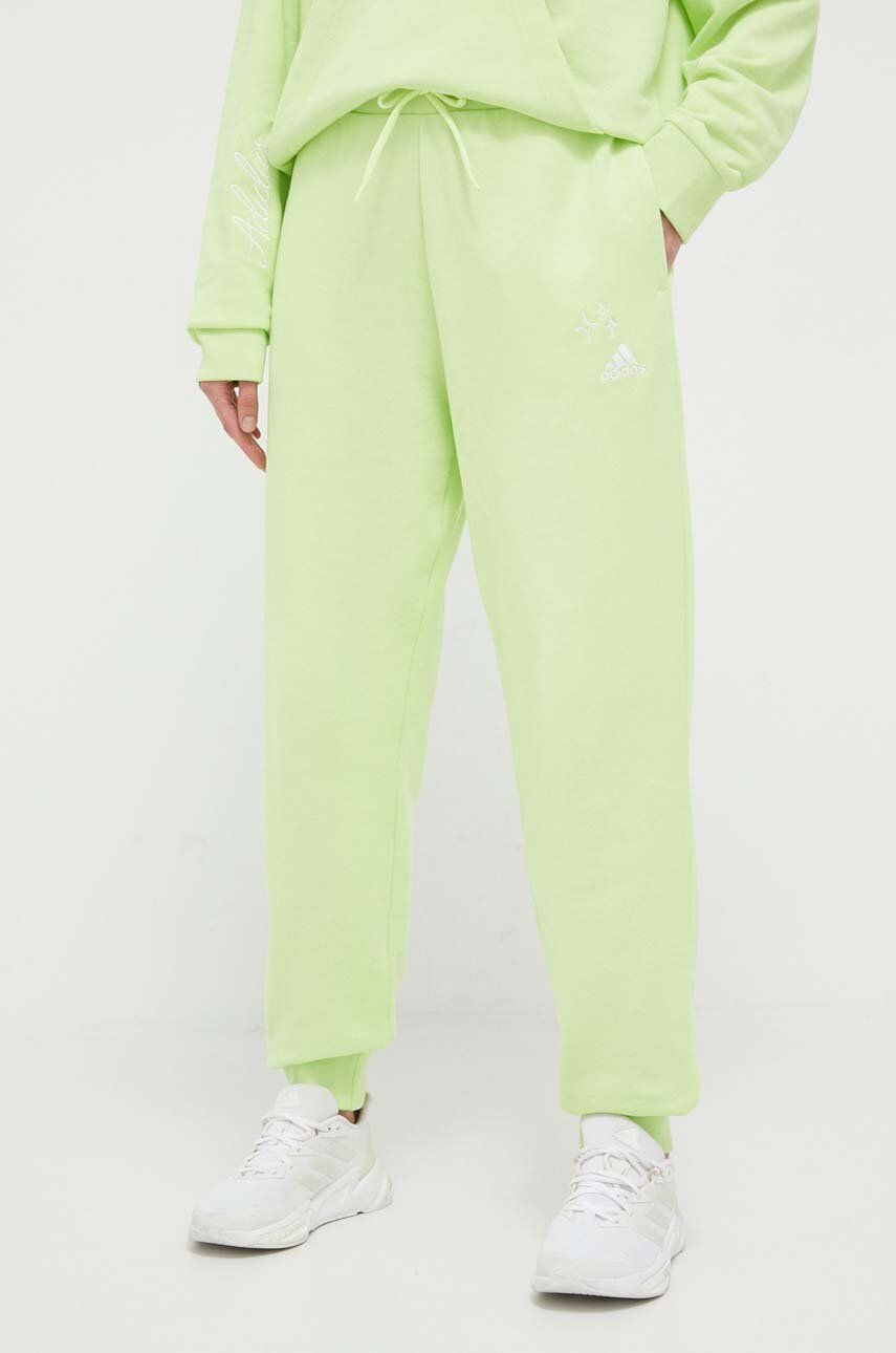 adidas pantaloni de bumbac culoarea verde, neted