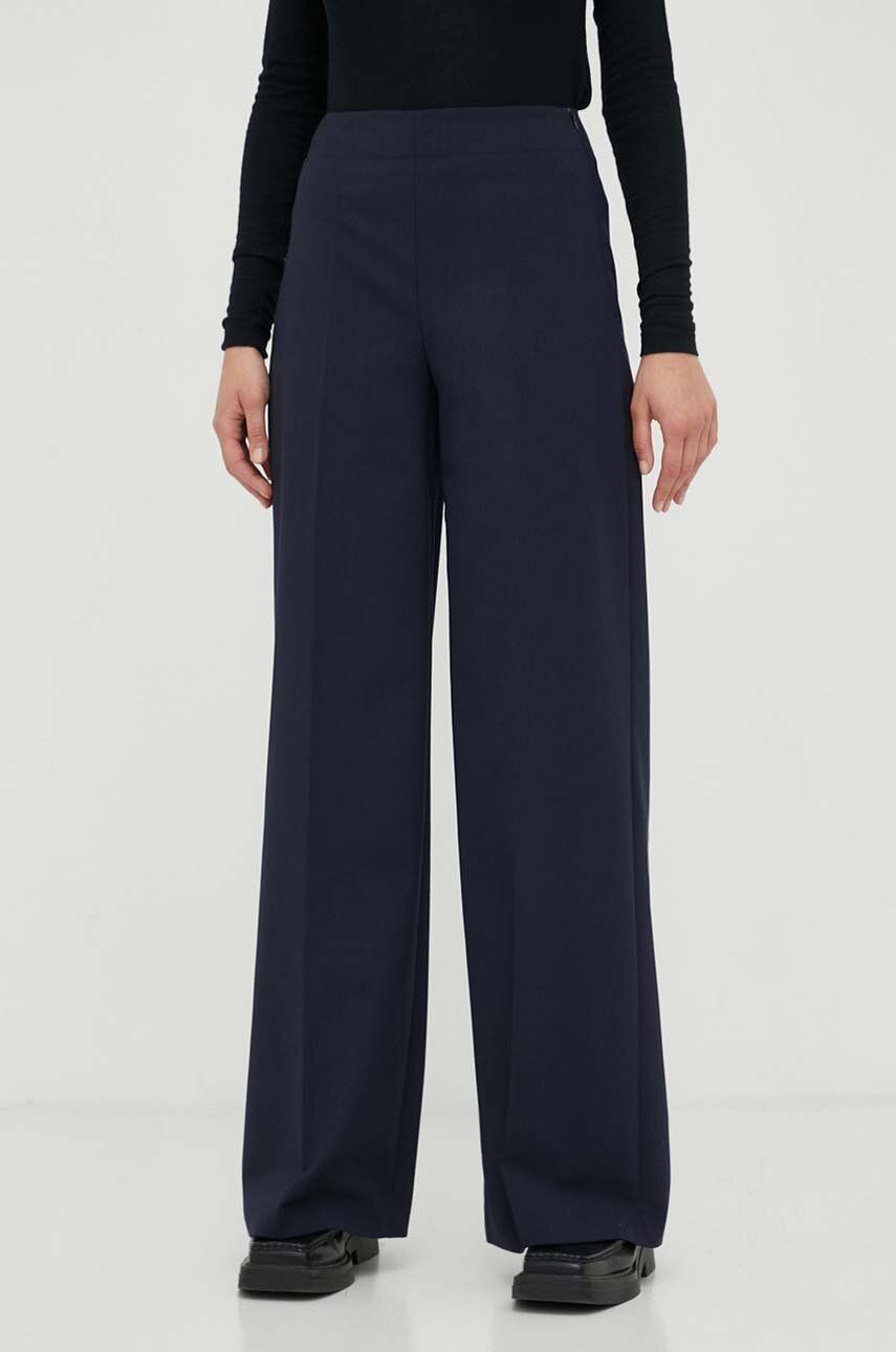 Kalhoty s příměsí vlny Drykorn tmavomodrá barva, široké, high waist