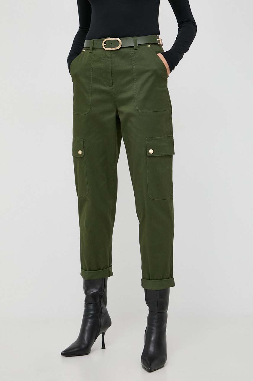 Kalhoty MICHAEL Michael Kors dámské, zelená barva, jednoduché, high waist - zelená - Hlavní materiál