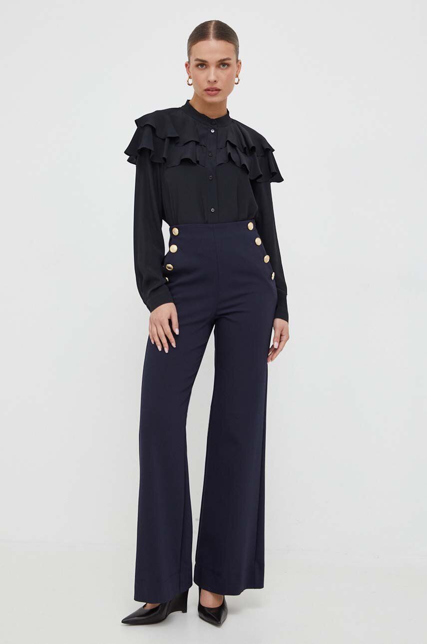Kalhoty Marella dámské, tmavomodrá barva, zvony, high waist - námořnická modř - 51 % Bavlna
