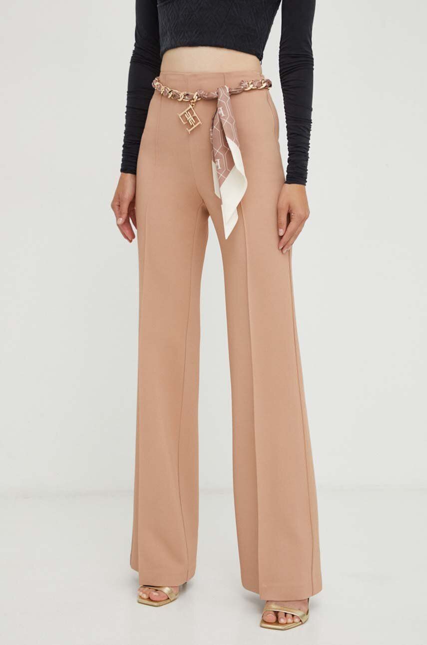 E-shop Kalhoty Elisabetta Franchi dámské, béžová barva, jednoduché, high waist