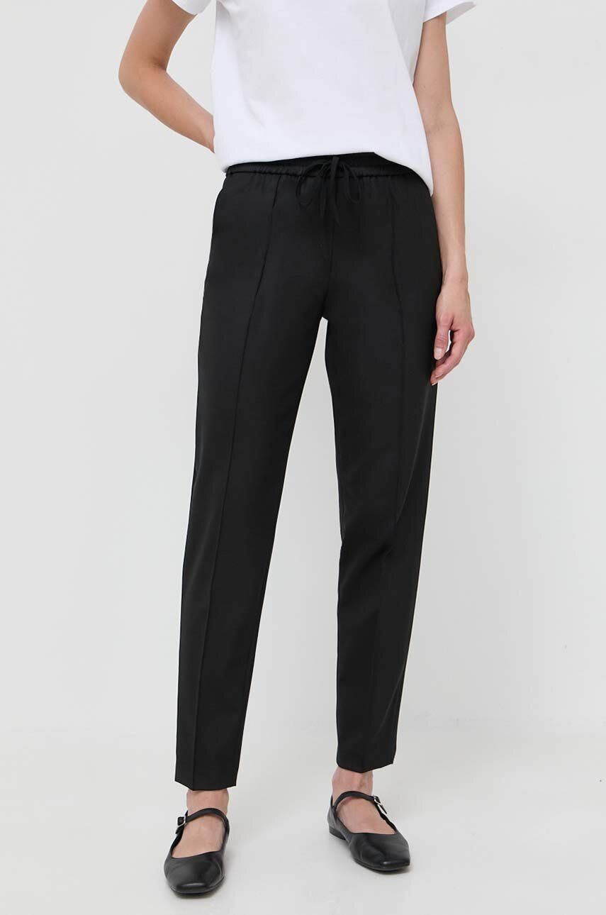 Kalhoty s příměsí vlny Twinset černá barva, jednoduché, high waist - černá - 53 % Polyester