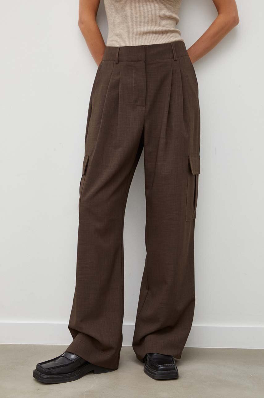 Kalhoty Herskind dámské, hnědá barva, široké, high waist - hnědá - Bavlna