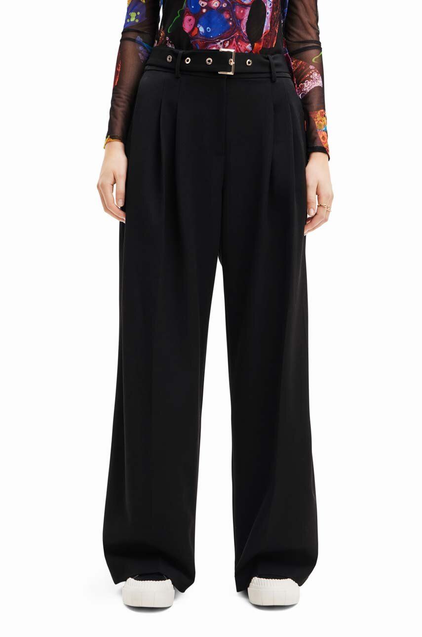 Levně Kalhoty Desigual 23WWPW24 WOMAN WOVEN LONG TROUSERS dámské, černá barva, široké, medium waist