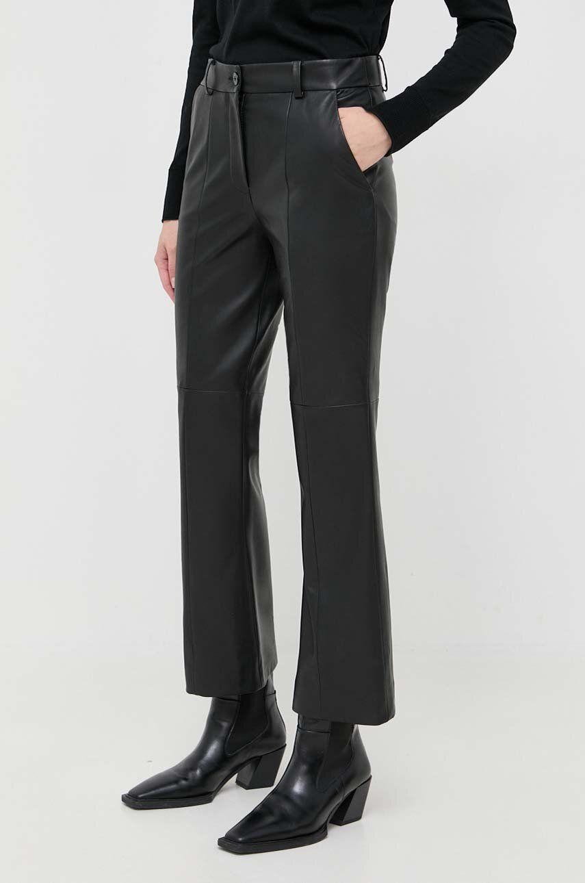 Luisa Spagnoli pantaloni de piele femei, culoarea negru, fason tigareta, high waist