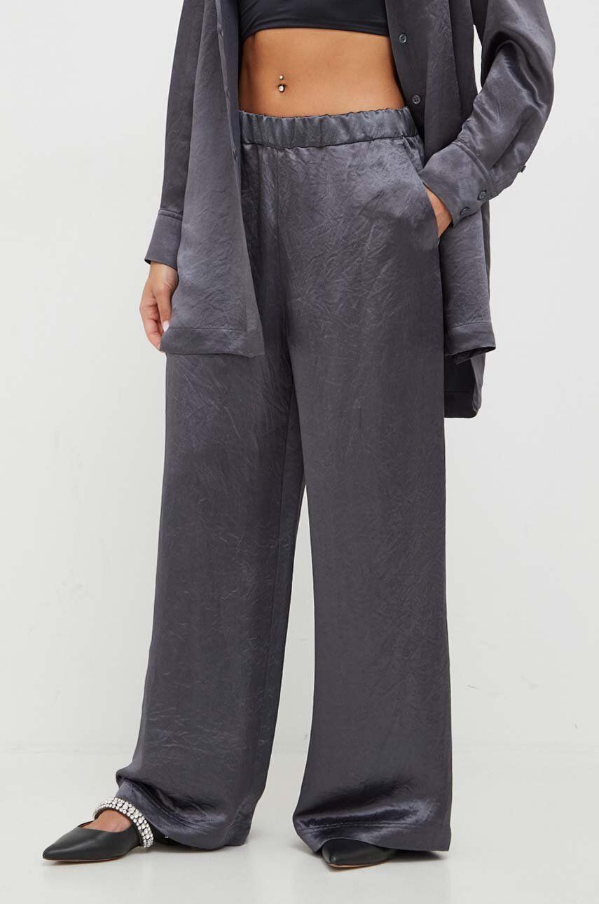 Kalhoty Max Mara Leisure dámské, šedá barva, široké, high waist - šedá -  100 % Acetát